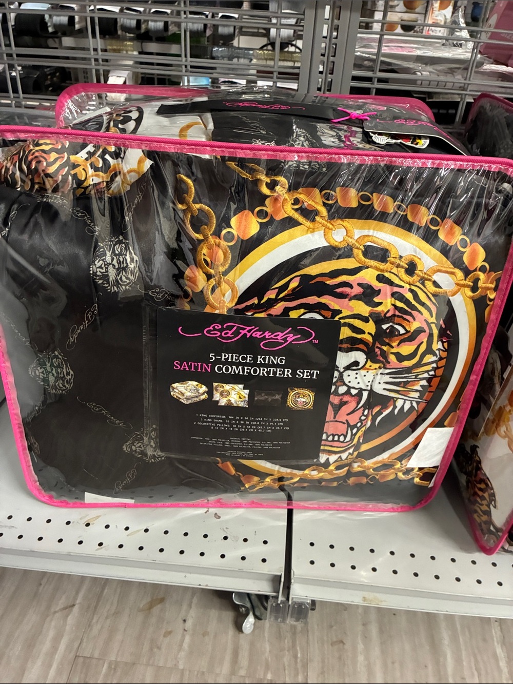 Ed Hardy Black Satin Comforter Set with Gold Chain & Pink Trim
